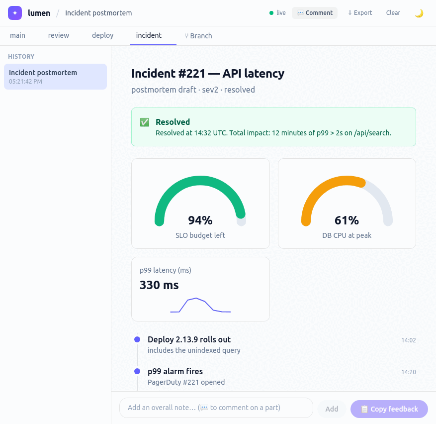 Animated flow: enabling comment mode, writing an anchored comment on a gauge, adding an overall note, and the copy-feedback button counting the batch