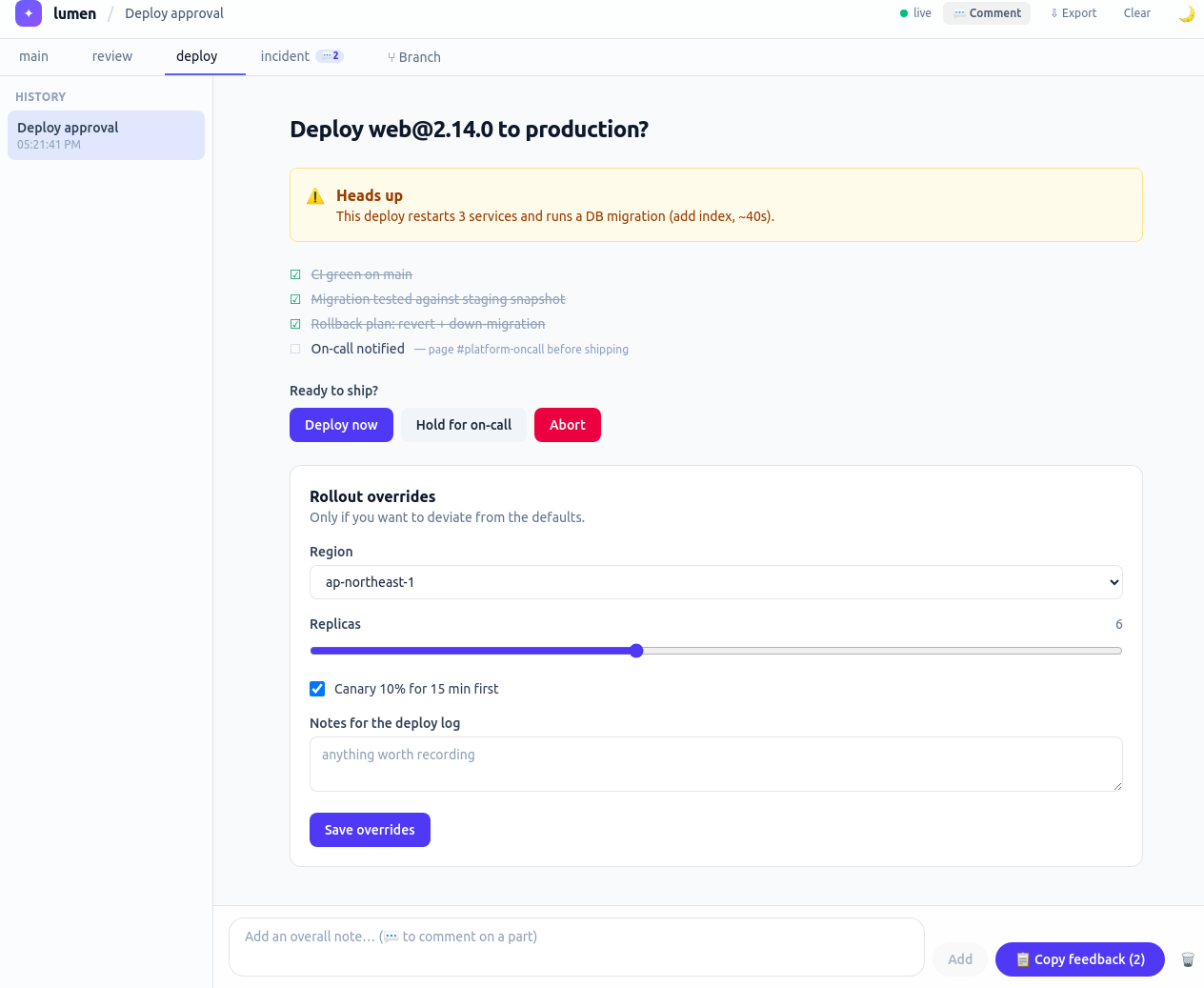 A deploy approval view with a warning, a pre-flight checklist, decision buttons and a rollout overrides form